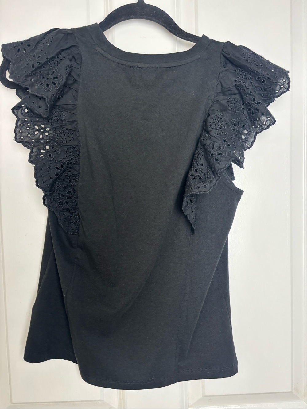 J.Crew Black Eyelet Flutter Sleeve Knit Top Small Feminine Cotton Tee - Picture 2 of 5